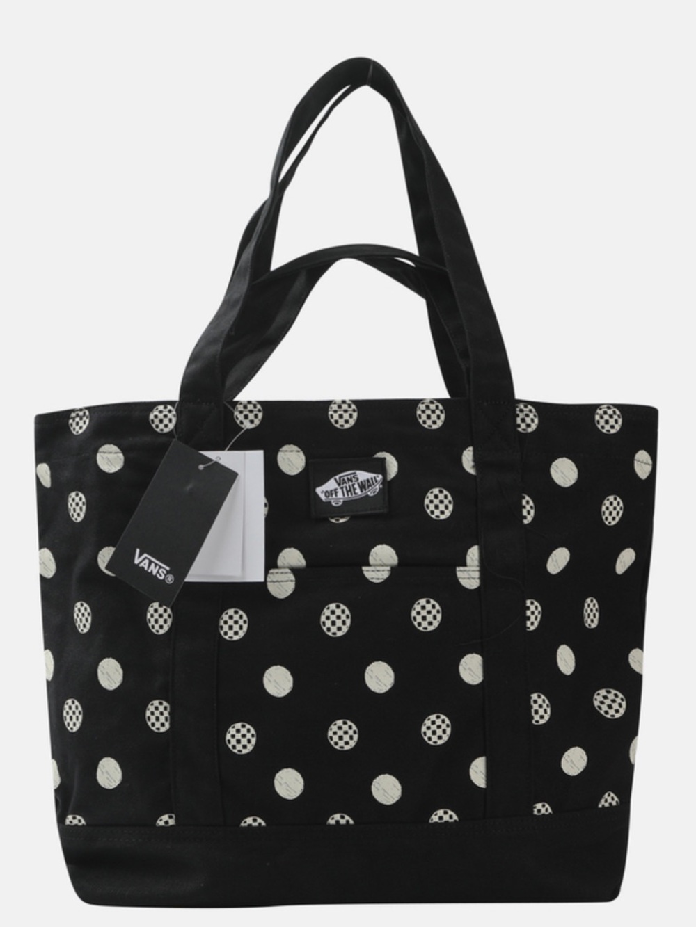 Vans Tell All Zip Tote bag black and white polka dot checkerboard pattern.